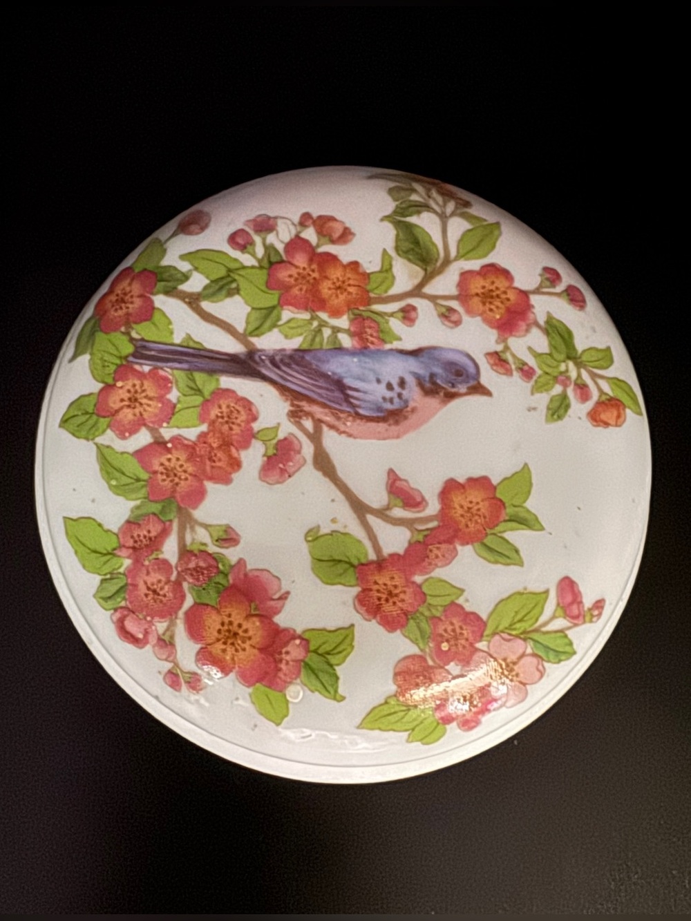 Porcelain Bluebird Floral Trinket Box Footed Lidded Vanity Jewelry Box 5”
